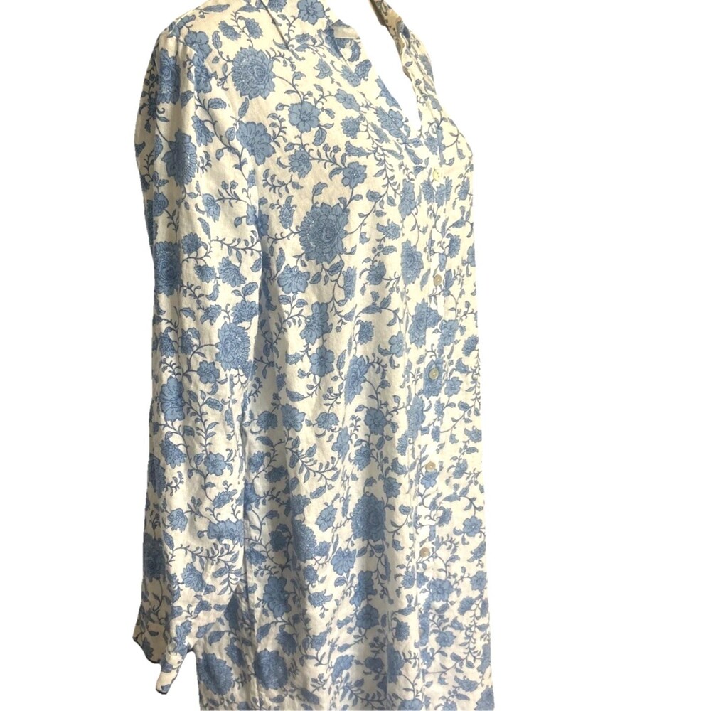 J. Jill Linen Blend Blue White Maxi Floral Shirt Dress Button Down Pocket Sz L - Picture 4 of 12